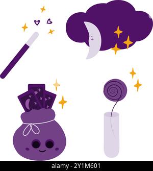 Bacchetta magica, nuvola con mezzaluna, fiore nel tubo di prova e sacchetti di carte Tarocchi carini set di 4 personaggi magici. Adesivi per illustrazioni vettoriali isolate, icona, schede, poser, banner, opuscoli o elementi promozionali Illustrazione Vettoriale