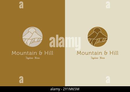 Logo disegnato a mano da Mountain and Hill. Design con logo Adventure femminile. Logo Mountain pulito e minimalista. Illustrazione Vettoriale