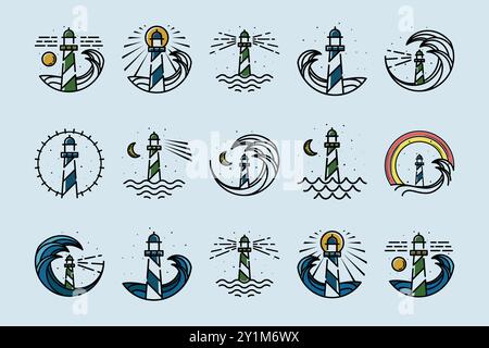 Collezione di Lighthouse Vector Illustration Logo Design. Icona onda e faro nel set. Ispirazione per il logo Ocean, Wave, Night e Lighthouse. Illustrazione Vettoriale