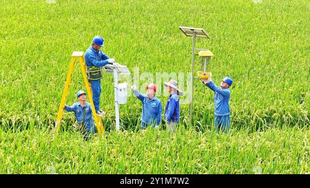 CHUZHOU, CINA - 7 SETTEMBRE 2024 - i lavoratori ispezionano un'apparecchiatura di monitoraggio agricola intelligente e guidano gli agricoltori ad usarla nella città di Chuzhou, AN Foto Stock