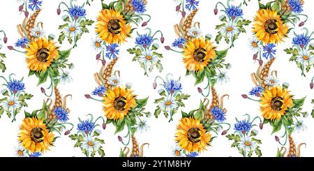 Girasole, margherite, fiordaliso, orecchie di grano motivo senza cuciture acquerello. Festival del raccolto. Fiori selvatici isolati dallo sfondo. Comp Foto Stock