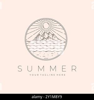 Outdoor Line ART Logo Vector Illustration Design, Mountain and Beach logo design Illustrazione Vettoriale
