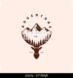Disegno illustrativo vettoriale con logo Outdoor Adventure Vintage. Concetto del logo dell'illustrazione di Cervo Antler. Progettazione delle illustrazioni del paesaggio montano. Illustrazione Vettoriale