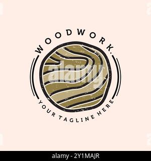 Disegno del logo illustrazione vettoriale per legno. Insegna con logo in legno per il servizio di falegnameria, segheria e falegnameria. Illustrazione Vettoriale