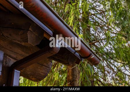 Grondaia di rame sul bagno rustico del parco costruito dal Civilian Conservation Corps negli anni '1930 nel Twanoh State Park, Washington State, USA Foto Stock