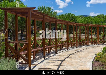 Vicolo con panchine di legno nel parco Foto Stock