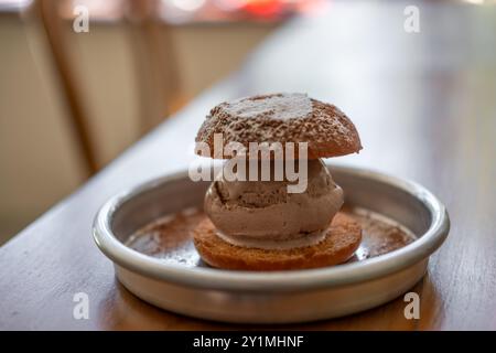 Gelato al cioccolato con panino fritto servito sul piatto Foto Stock