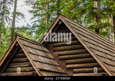 Dettagli del bagno rustico del parco costruito dal Civilian Conservation Corps negli anni '1930 nel Twanoh State Park, Washington State, USA Foto Stock