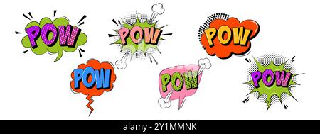 Collezione di bollicine vocali in stile retrò alla moda. Effetti sonori comici. Testo POW. Illustrazione Vettoriale