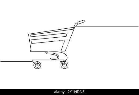 Disegno continuo di una linea d'arte carrello. Shopping online in negozio. Carrello per la spesa Illustrazione Vettoriale