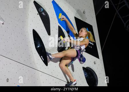 7 settembre 2024: Janja GARNBRET della Slovenia, campionessa olimpica di Parigi 2024, partecipa alla finale di arrampicata su piombo femminile della Coppa del mondo IFSC Koper 2024 il 7 settembre 2024 a Capodistria, Slovenia. (Credit Image: © Rok Rakun/Pacific Press via ZUMA Press Wire) SOLO PER USO EDITORIALE! Non per USO commerciale! Foto Stock