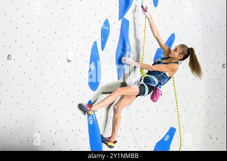 7 settembre 2024: L'italiana Laura ROGORA partecipa alla finale di arrampicata su piombo femminile della IFSC World Cup Koper 2024 il 7 settembre 2024 a Capodistria, in Slovenia. (Credit Image: © Rok Rakun/Pacific Press via ZUMA Press Wire) SOLO PER USO EDITORIALE! Non per USO commerciale! Foto Stock