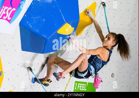 7 settembre 2024: L'italiana Laura ROGORA partecipa alla finale di arrampicata su piombo femminile della IFSC World Cup Koper 2024 il 7 settembre 2024 a Capodistria, in Slovenia. (Credit Image: © Rok Rakun/Pacific Press via ZUMA Press Wire) SOLO PER USO EDITORIALE! Non per USO commerciale! Foto Stock