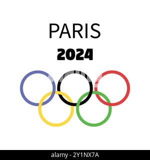Logo equestre Paris 2024 con cinque anelli colorati che rappresentano i giochi olimpici. Illustrazione Vettoriale
