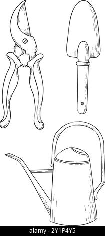 Strumenti da giardino icone lineari e scarabocchi. Rastrello da giardino, forchetta da giardino, cazzuola per fiori, coltivatore a mano, cesoie per potatura, annaffiatoio, flacone spray, forbici Illustrazione Vettoriale