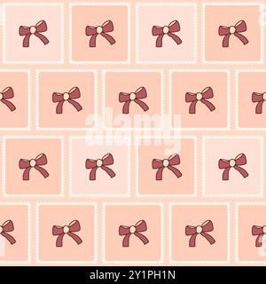Bowknots patchwork motivo senza cuciture trapuntato. Sfondo ripetizione banda avvolgente rosa. Struttura geometrica ad arco design infinito. Immagine piatta disegnata a mano vettoriale Illustrazione Vettoriale