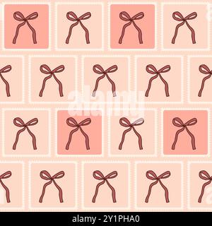 Motivo trapuntato Bowknots senza cuciture. Patchwork banda rossa ripetere lo sfondo. Design geometrico senza fine con archi quadrati. Illustrazione piatta disegnata a mano dal vettore. Illustrazione Vettoriale