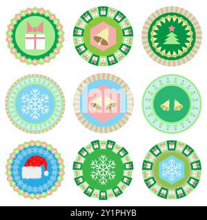 Illustrazione colorata con pacchetto icone fiocco di neve su sfondo bianco Foto Stock