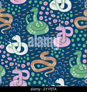 Motivo senza cuciture con serpenti in vari colori, circondato da punti e forme astratte su sfondo blu scuro. Surfac animale disegnato a mano vettoriale Illustrazione Vettoriale