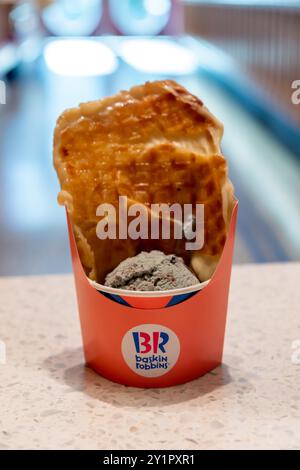 Seoul, Corea del Sud - 19 marzo 2024: Una tazza di gelato al cioccolato alla menta Baskin-Robbins con waffle a base di riso. E' una catena multinazionale americana di i Foto Stock