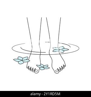 Disegni con linee vettoriali raffiguranti piedi immersi nell'acqua termale con fiori, ideali per il relax e il benessere. Illustrazione Vettoriale