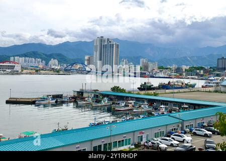 Sokcho, Corea del Sud - 28 luglio 2024: Una vista panoramica dei porti di Sokcho e Dongmyeong, animati da barche da pesca e attività. Sullo sfondo, Th Foto Stock