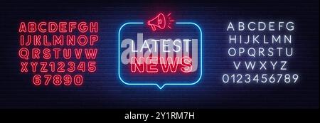 Ultime notizie neon firma in bolla di discorso su sfondo murato. Illustrazione Vettoriale