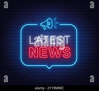 Ultime notizie neon firma in bolla di discorso su sfondo murato. Illustrazione Vettoriale