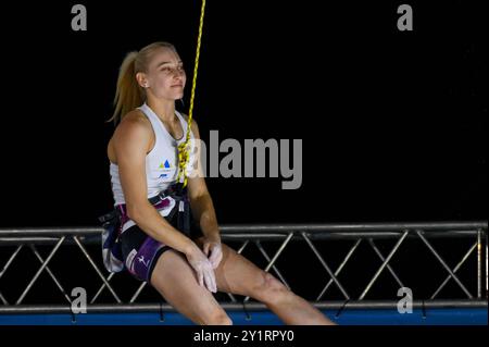 Capodistria, Slovenia. 7 settembre 2024. Janja GARNBRET della Slovenia, campionessa olimpica di Parigi 2024 partecipa alla finale di arrampicata su piombo femminile della Coppa del mondo IFSC Koper 2024 il 7 settembre 2024 a Capodistria, Slovenia. (Foto di Rok Rakun/Pacific Press) Foto Stock