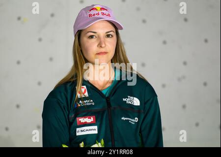 Capodistria, Slovenia. 7 settembre 2024. Jessica PILZ austriaca festeggia il suo secondo posto all'IFSC Women Leads Climbing World Cup 2024 sul podio il 7 settembre 2024 a Capodistria, in Slovenia. (Foto di Rok Rakun/Pacific Press) Foto Stock