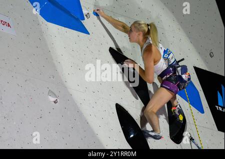 Capodistria, Slovenia. 7 settembre 2024. Janja GARNBRET della Slovenia, campionessa olimpica di Parigi 2024 partecipa alla finale di arrampicata su piombo femminile della Coppa del mondo IFSC Koper 2024 il 7 settembre 2024 a Capodistria, Slovenia. (Foto di Rok Rakun/Pacific Press) Foto Stock