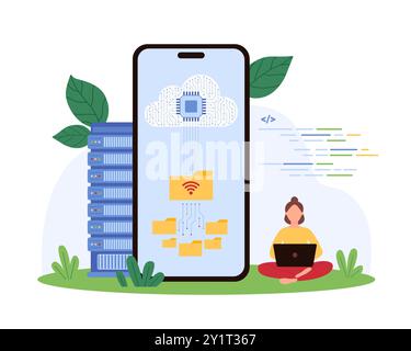 Download e archiviazione dati cloud, app mobile. Piccola donna che scarica cartelle con file sullo schermo dello smartphone, carica e condividi documenti e archivi digitali in un'illustrazione vettoriale dei cartoni animati di rete Illustrazione Vettoriale