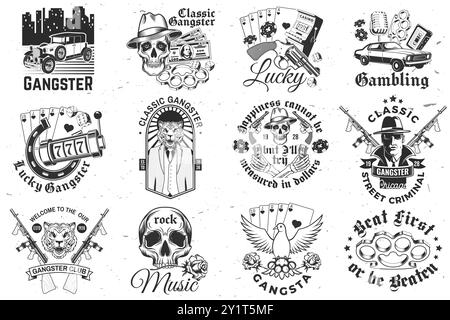 Set di badge gangster club. Vettore. Etichetta monocromatica vintage, adesivo, cerotto con gangster, pistola mitragliatrice, gangster tigre, sagome del cranio. Illustrazione Vettoriale