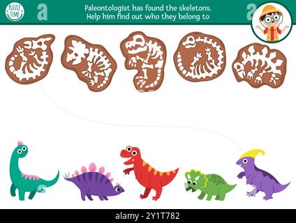 Attività di abbinamento dei dinosauri con gli animali carini e i loro scheletri. Puzzle preistorico con T-rex, stegosauro. Abbina il gioco delle ossa. Dino Land stampabile Illustrazione Vettoriale