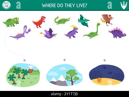Attività di abbinamento dei dinosauri con animali carini e luogo in cui vivono. Puzzle preistorico con pterosauro, stegosauro, T-rex, plesiosauro. Partita o pr Illustrazione Vettoriale