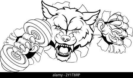 Mascotte per sollevamento pesi Wolf Werewolf Dumbbell Gym Illustrazione Vettoriale