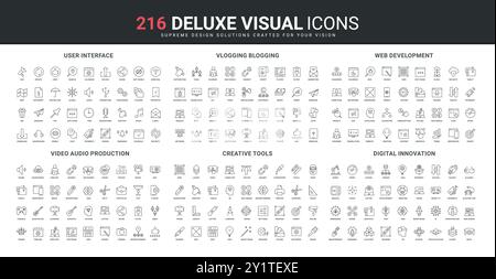 Video creativo per vlogging, set di icone della linea di blogging. Strumento e idea digitali, dispositivi per il monitoraggio dei dati, algoritmi di modifica della progettazione Web e illustrazione vettoriale di simboli sottili neri Illustrazione Vettoriale
