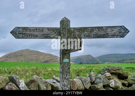 Pennine Way segnaletica con Dufton Pike, Brownber Hill e Low Scald cadde sullo sfondo, vicino a Dufton, in Cumbria Foto Stock