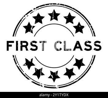 Parola di prima classe nera grunge con icona a stella timbro rotondo in gomma su sfondo bianco Illustrazione Vettoriale