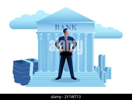 Uomo d'affari in piedi con fiducia di fronte a una banca, circondato da banconote e monete sullo sfondo, l'essenza del successo finanziario, degli investimenti Illustrazione Vettoriale