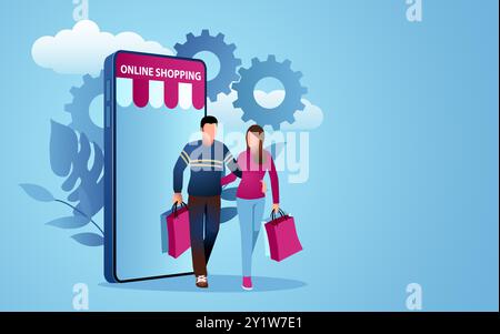 Era digitale del retail, illustrazione vettoriale di una coppia che trasporta borse della spesa, telefono cellulare che simboleggia l'e-commerce, retail moderno, tecnologia integrata Illustrazione Vettoriale