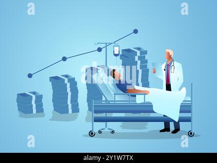 Illustrazione vettoriale di un medico che visita un paziente con un grafico a barre in aumento fatto di pile di denaro in background, il costo crescente dell'assistenza sanitaria Illustrazione Vettoriale