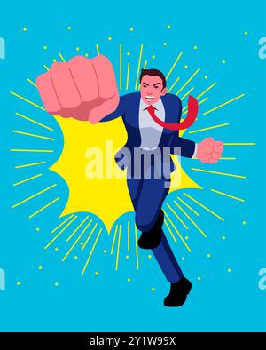 Uomo d'affari dei cartoni animati che regala un pugno potente con uno sfondo comico dinamico. Ideale per temi di innovazione, successo e determinazione Illustrazione Vettoriale