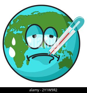 Illustrazione dei fumetti sul cambiamento climatico, una Terra sudorante con un termometro in bocca, cattura l'impatto dell'aumento delle temperature sul nostro pianeta in un l Illustrazione Vettoriale