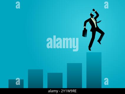 Uomo d'affari che salta eccitatamente su un grafico in aumento. Ideale per il successo aziendale, i temi motivazionali e di crescita, simboleggia il raggiungimento e la progr Illustrazione Vettoriale