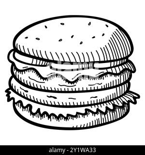 Immagine vettoriale della linea Doodle di un hamburger di formaggio isolato su bianco Illustrazione Vettoriale