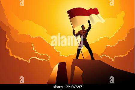 Uomo muscoloso che tiene orgogliosamente la bandiera dell'Indonesia in cima a una roccia. Perfetto per temi di orgoglio patriottico, storico e nazionale Illustrazione Vettoriale
