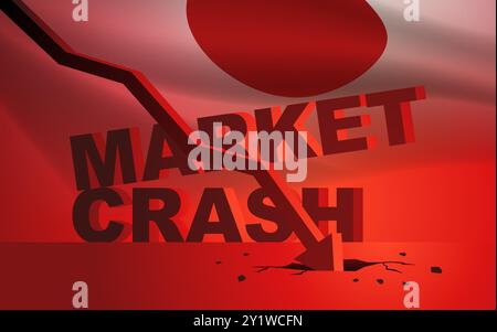 Grafico con freccia rivolta verso il basso in crash, con le parole Market Crash e bandiera giapponese visualizzate in rosso dietro di esso. Illustrare la crisi economica e finanziaria Illustrazione Vettoriale