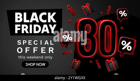 Black Friday 80%, offerta speciale, volantino con sconti. Vettore Illustrazione Vettoriale
