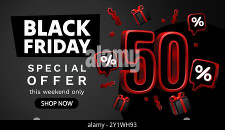 Black Friday 50%, offerta speciale, volantino con sconti. Vettore Illustrazione Vettoriale